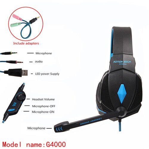 KOTION EACH G2000 G9000 G4000 stereo gaming headset big pc for computer with microphone LED Light Deep Bass gamer headphones: G4000lanxian