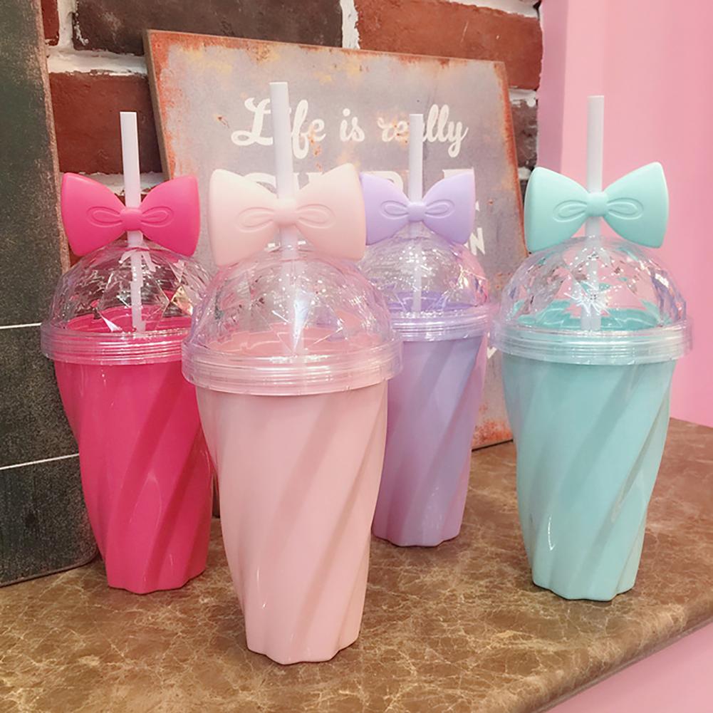 Tasse à eau torsadée avec nœud papillon pour filles, 380ml, en paille, de couleur vive, pour activités de plein air