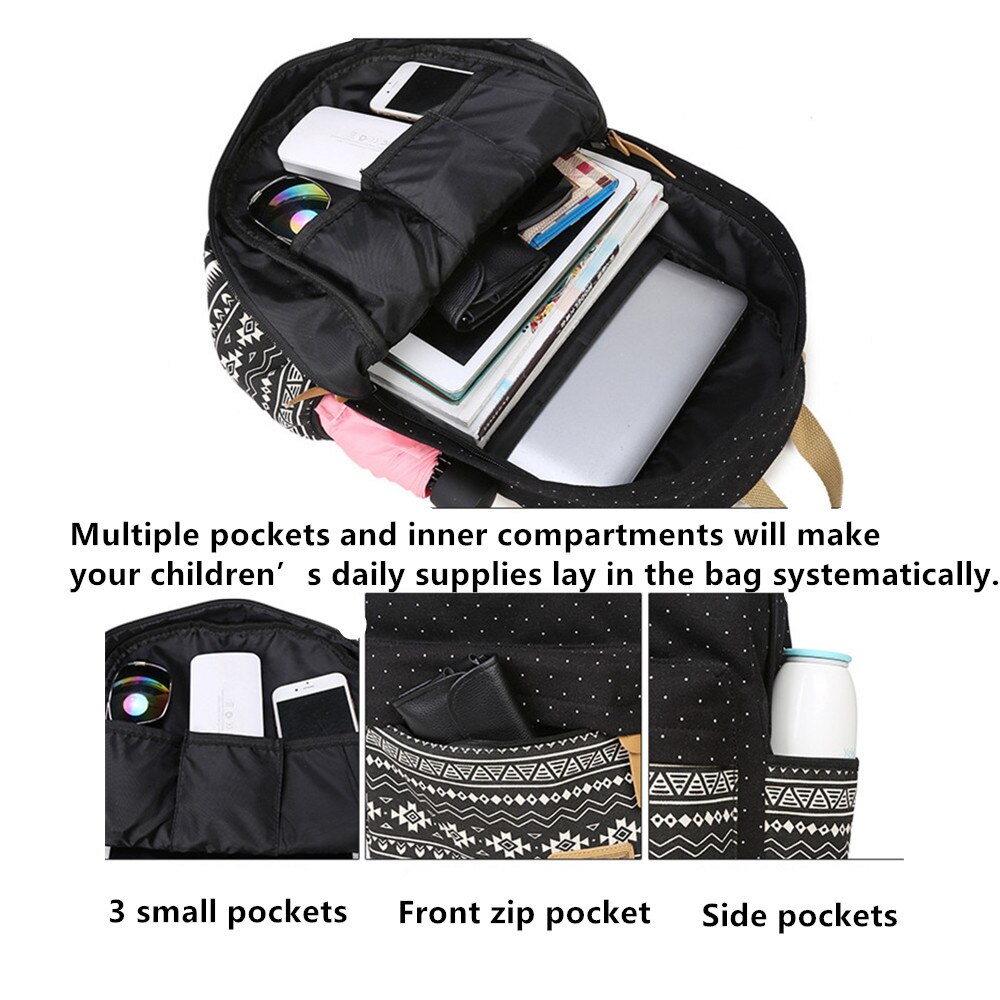 3 in 1 rugzak junior high schooltas canvas stippenprint tienermeisjes lichtgewicht laptoprugzakken met geïsoleerde tas + etui