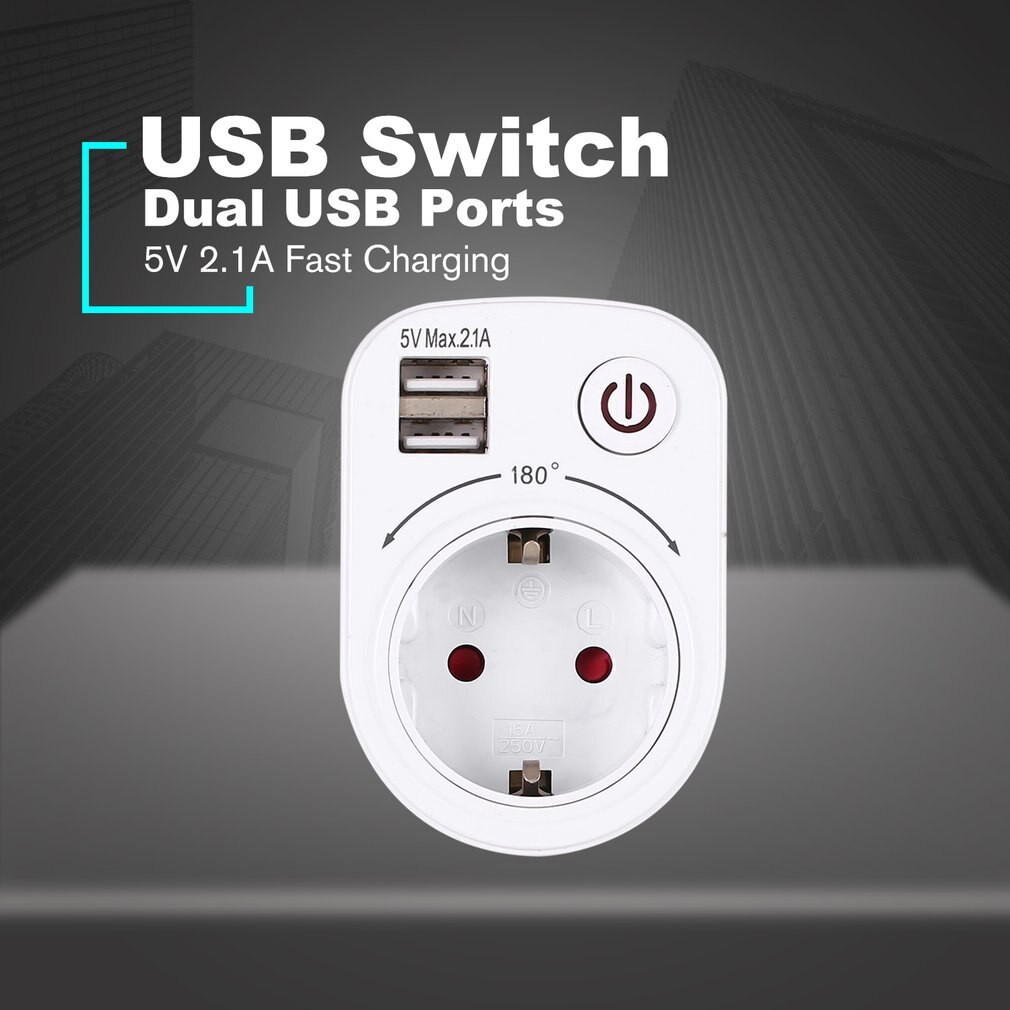 5V 2.1A Electric Dual USB Charger Adapter EU Plug Intelligent Plug-in Wall Socket Charging Power Switch Outlet Home Travel