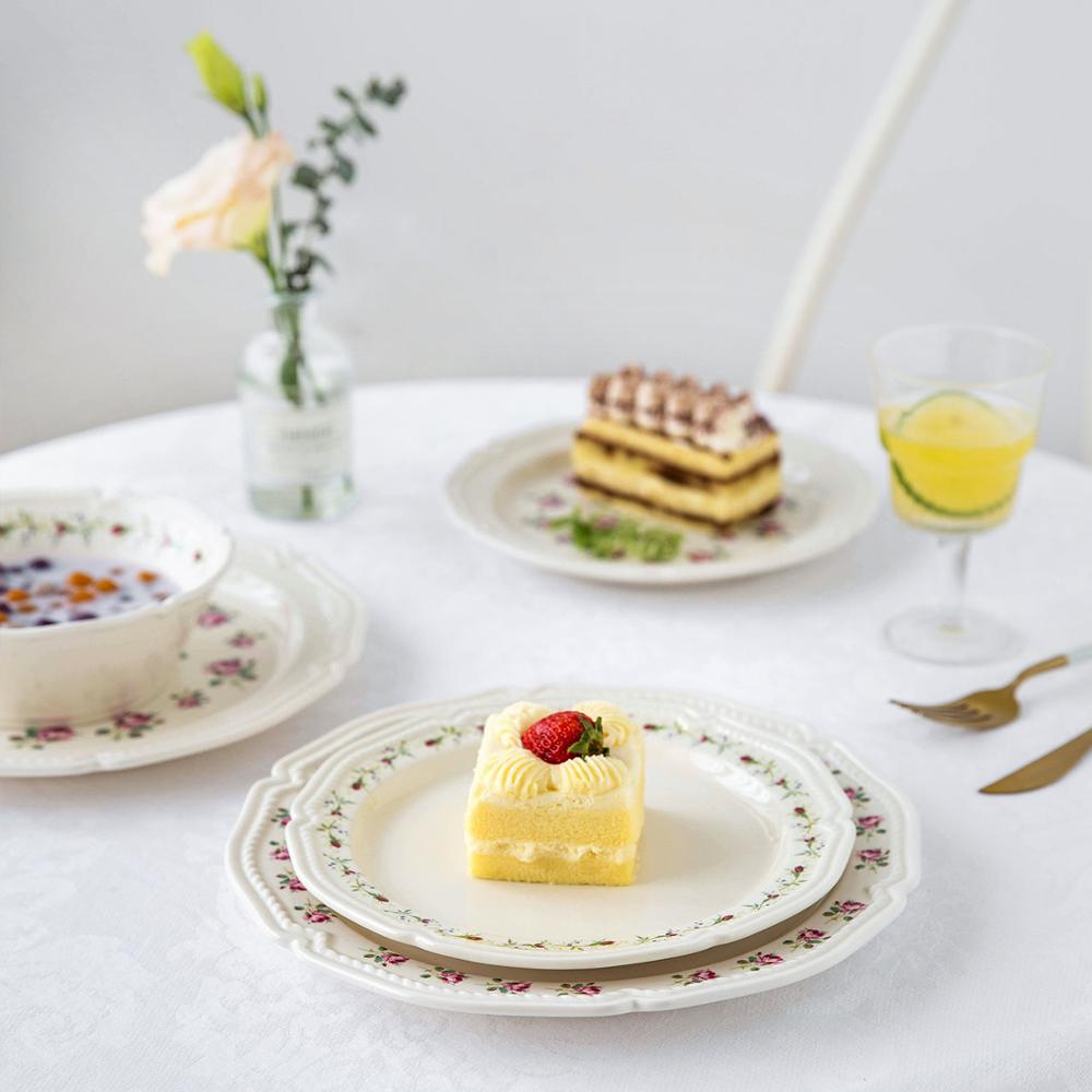 Ceramic Plate Set Dish Plate Bowl Set Dining Table Tableware Plate European Retro Rose Print Steak Dessert Fruit Dinnerware Set