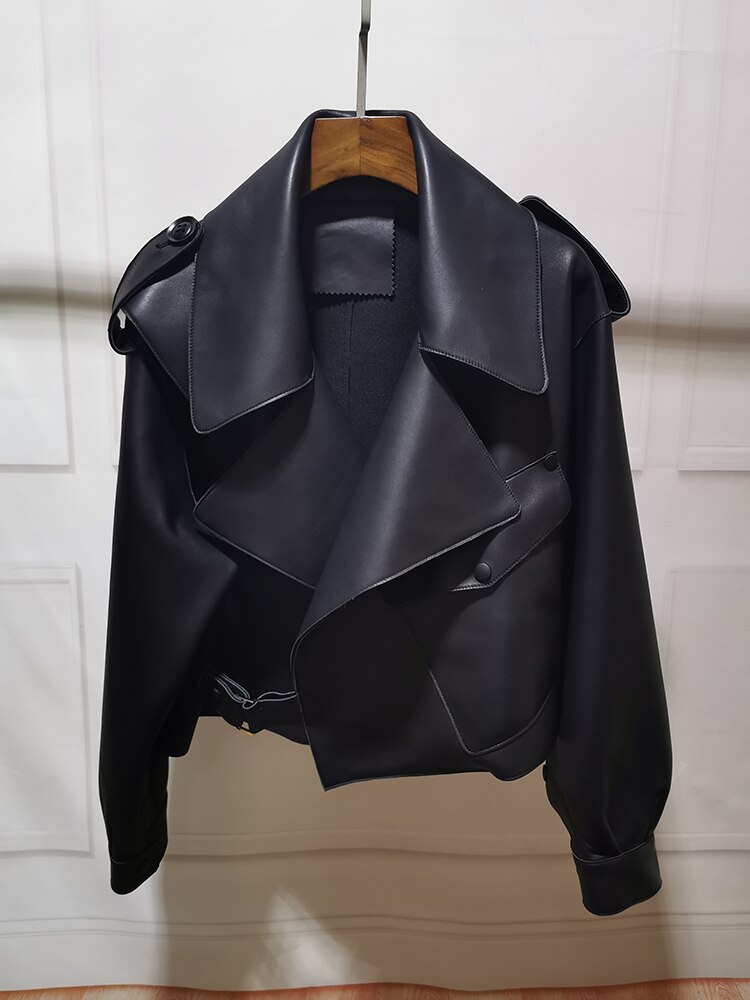 Pu skinnjacka kappa dam basic mjuk kort ytterkläder punkkläder konstläder vår höst kvinnor motorcykel armégrön full: Svart / L