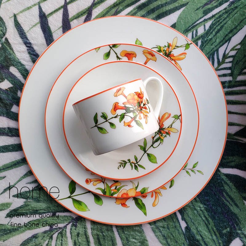 Keramisk fladt fad bøf tallerken middag værktøj kop underkop porcelæn kinesisk stil julebestik azalea botanik service 1 stk.