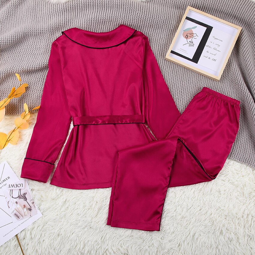 Long Sleeves Satin Robe Sets Spring Homewear Pajamas For Women Pocket Female Set 2 Pcs Sleep Tops Sleepwear Spring Suit