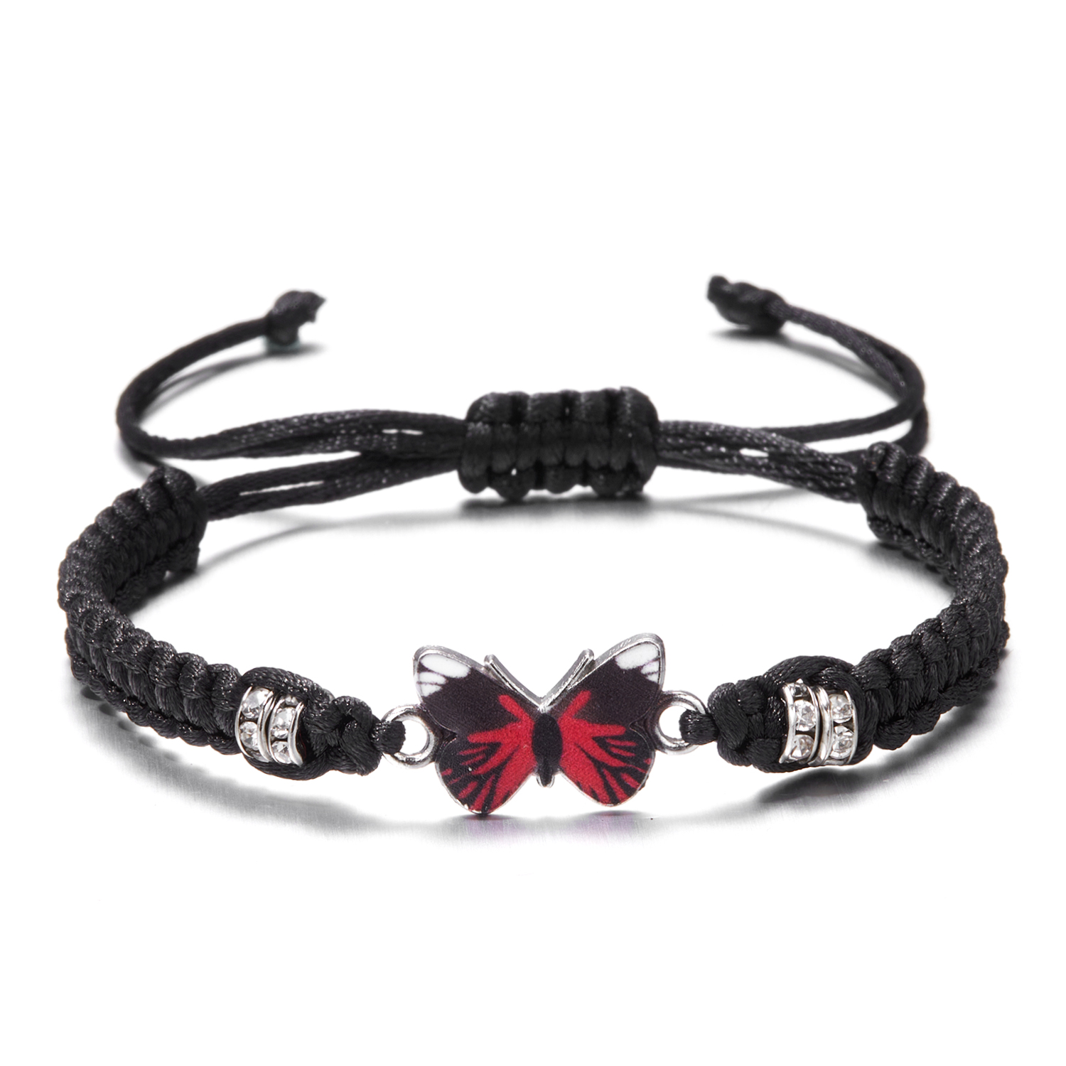 Pulsera de cuerda trenzada hecha a mano para mujer, pulseras con colgante de animales y mariposas coloridas, de joyería para: Rodio plateado