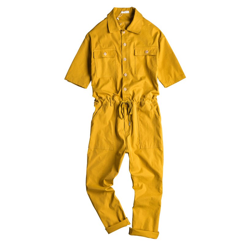 Monos de verano para hombre, mono de algodón con solapa, hasta el tobillo manga corta, ropa de calle de Hip Hop, pantalones holgados de ocio, color negro y amarillo