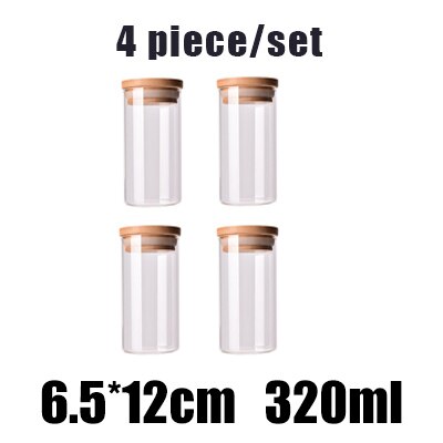 Kitchen Food Storage Transparent Glass Jars with Bamboo Cover Sealed Cans Bottles Spice Jars Candy Box Kitchen Storage Can: 4PCSY3