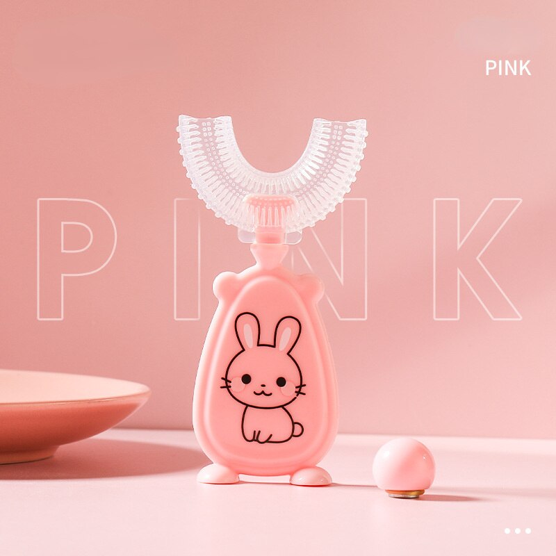 2-8Y Cute Animal Kids spazzolino a forma di U spazzola in Silicone per bambini 360 spazzolino da denti filo per bambini spazzolino da denti U spazzolino da allenamento: pink rabbit