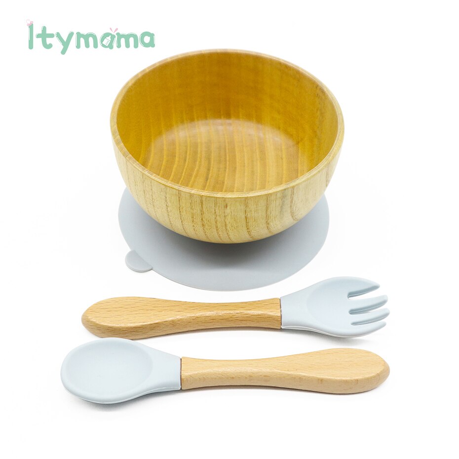 Baby Feeding Bowl Spoon Fork Food Tableware Kids Wooden Training Plate Silicone Suction Cup Removable Children's Dishes Goods: Light Grey set