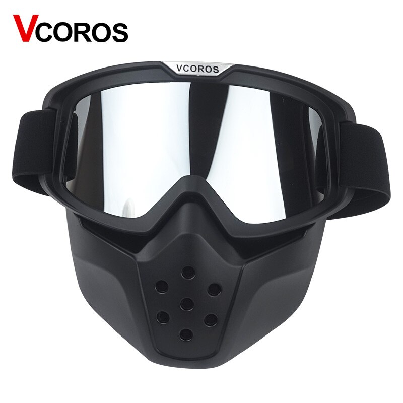 Vcoros vintage aftagelige beskyttelsesbriller og mundfilter retro maske halvåbent ansigt motorcykel hjelme masker ski skøjte cosplay beskyttelsesbriller: Sølv linse