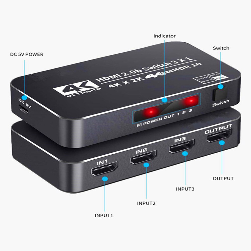 4K HDR HDMI Switch 3 Ports HDMI 2.0 Switcher Selector with IR Wireless Remote, Supports UltraHD Dolby Vision