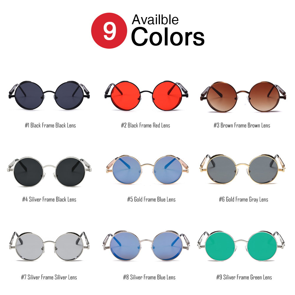 VIVIBEE Vintage Steampunk Red Sunglasses Men Round Punk Alloy Metal Retro Sun Glasses Women Goggles Gothic Style Shades