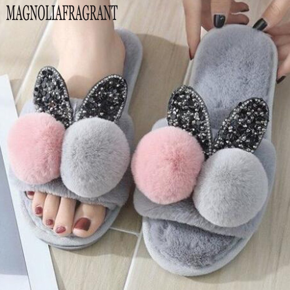 Winter Plush Ball Home Slipper Ladies Warm Short Furry Women Comfort Fur Rabbit Woman Soft Bottom Female Shoes ww20