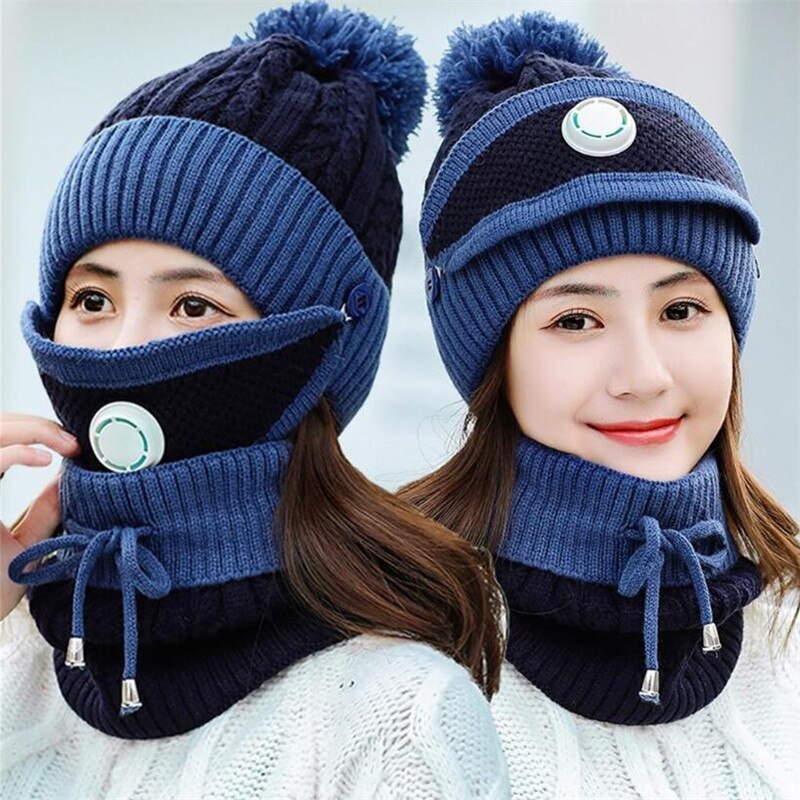 3 Pieces Set Women's Knitted Hat Scarf Caps Neck Warmer Winter Hat for Ladies Girls Skullies Beanies Warm Fleece Caps: navy blue