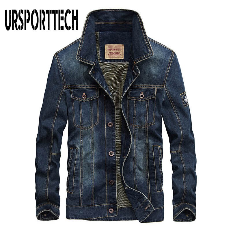 Ursporttech denim jakker mænd frakke mørkeblå casual teenagere denim jakke bomuld turn-down krave lange ærmer denim bomber jakker: Mørkeblå / L