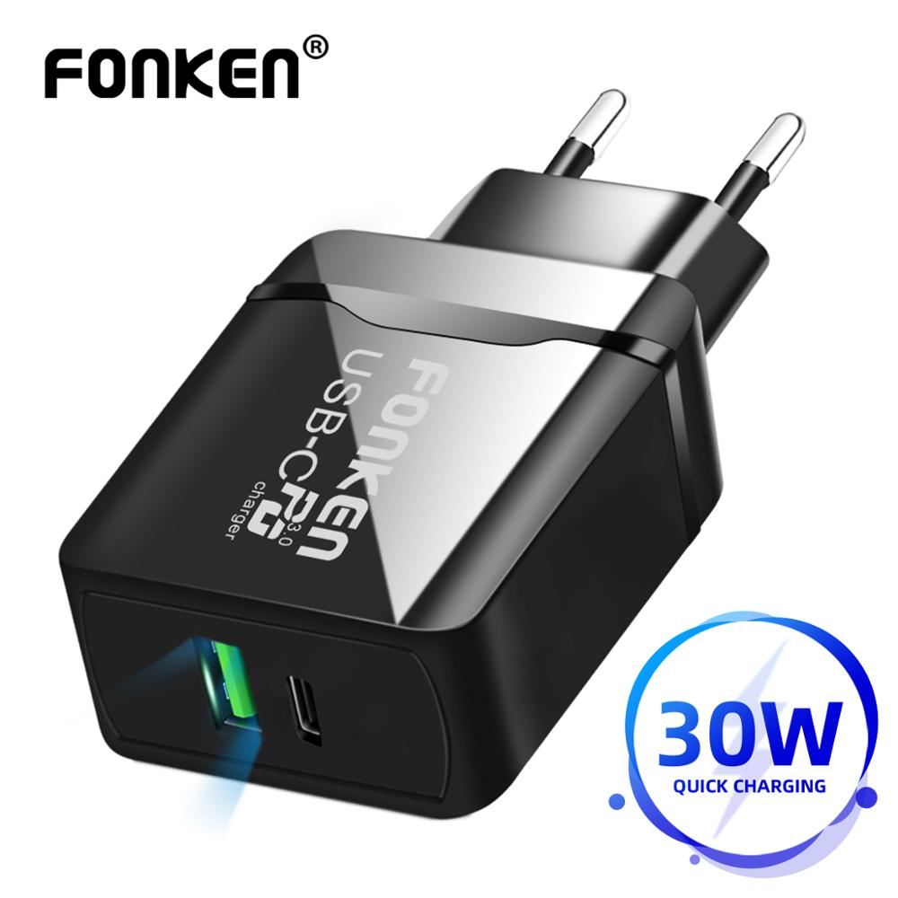 FONKEN USB C PD Charger Dual Port Fast Charging for Phone Adapter 2 Port 30W QC 4.0 3.0 Quick Charge Wall Chargers