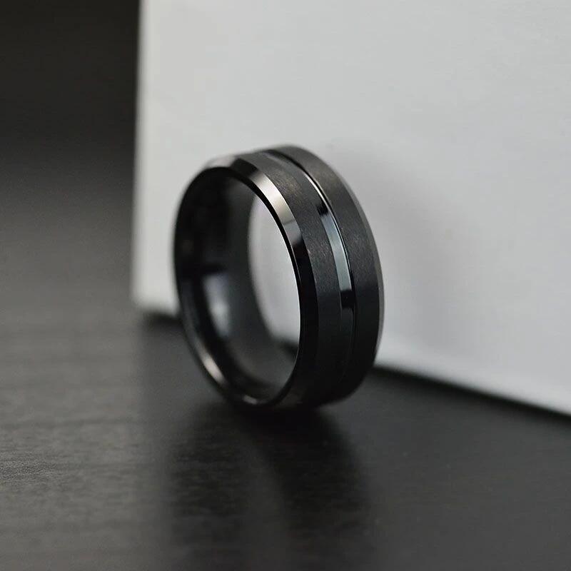 FDLK 8MM Men's Black Ring Thin Black Line Vintage Wedding Engagement Anniversary Ring Jewelry For Men