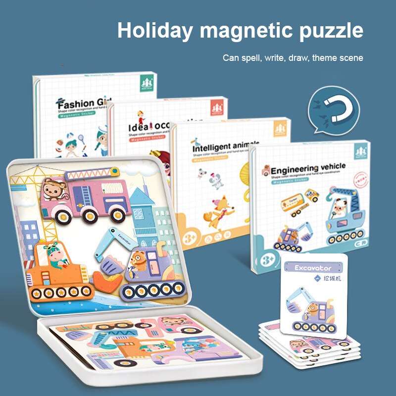 1Set Kinderen Ijzeren Doos Magnetische Puzzel Verkeer Dieren Collage Early Education Learning Game Kinderen Dag