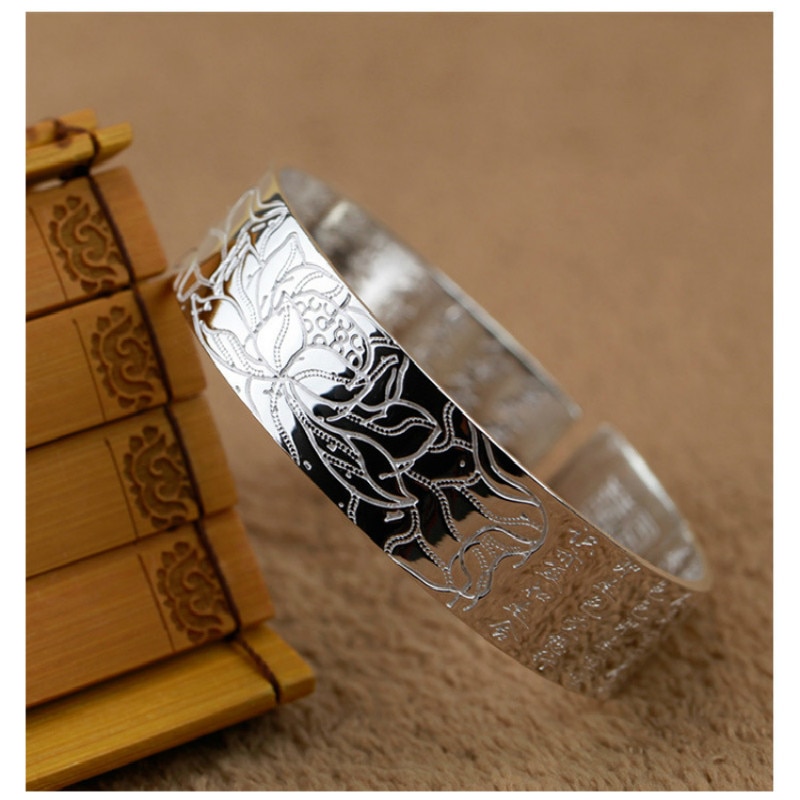 Lotus sutra sølvbelagt farve armbånd tibetanske buddhistiske skrifter sprog kvinde bred hånd smykker amulet armbånd