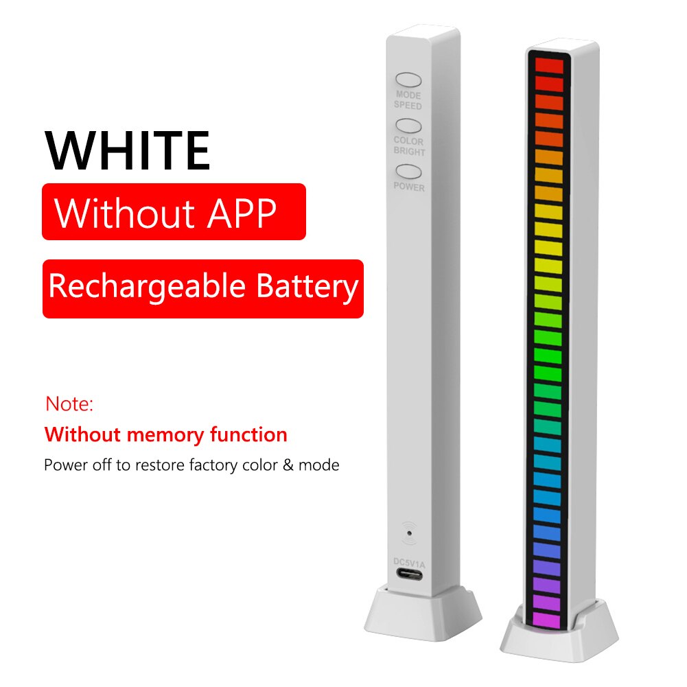 Lydkontrol lys app kontrol stemmeaktiveret pickup rytme lys led rgb farverig musik omgivende lys bar rytme lampe usb: Hvid genopladelig