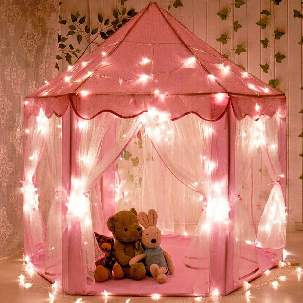 Fantastische Prinses Kasteel Roze Speelhuis Mesh Tent Met Ster Lichtslingers Meisje Kids Klamboe Indoor Outdoor Draagbare