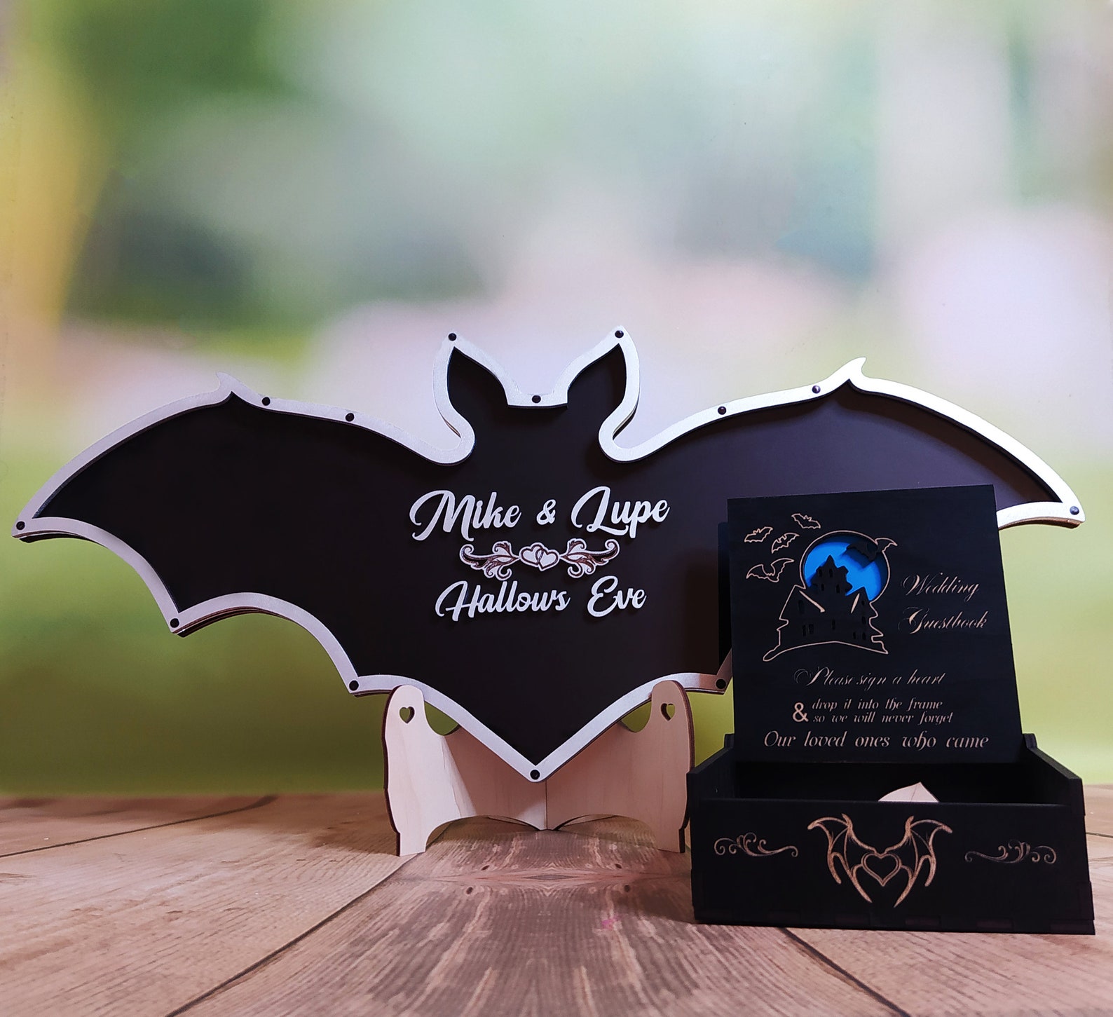 Libro de invitados de boda, caja de invitados alternativa, con temática de murciélago, tema de Halloween, triangulación, de boda