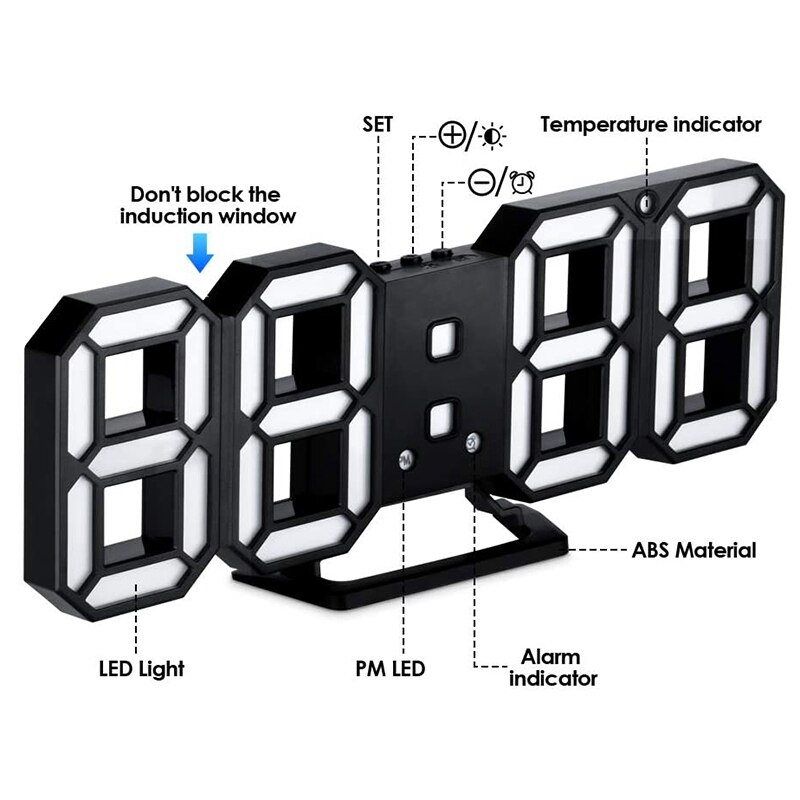 3D Digital Clock,Wall LED Number Time Alarm Clock ,Led Electronic Clock with Snooze Function, Clock Date