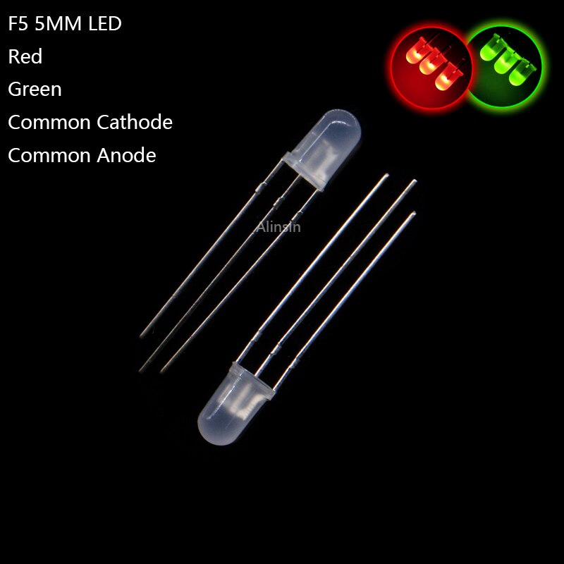 20 piezas LED de 5mm, rojo, verde, cátodo común/ánodo común, dos colores, diodos emisores de luz F5, difusos/antiniebla, 3 pines