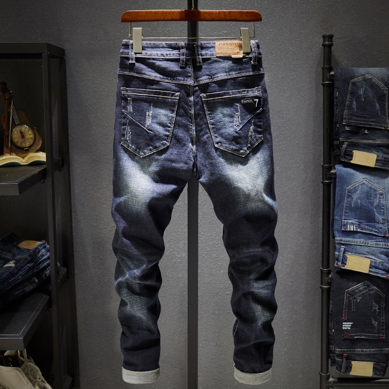 Jean déchiré pour hommes, pantalon en jean pour hommes, Stretch, bleu foncé, coupe et détruit à trous et cassé, pantalon Biker, Hip hop, décontracté