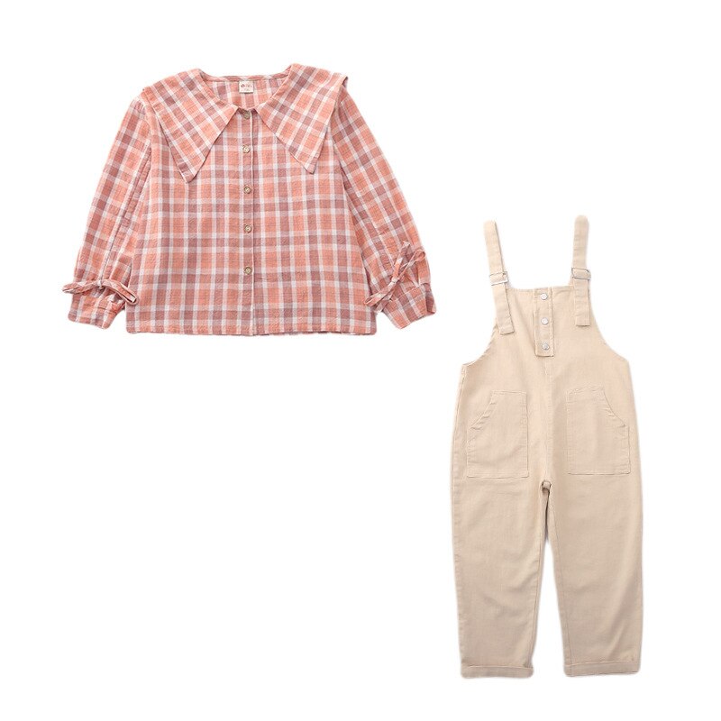 Spring Long Sleeve Korean Girls Clothing Set Kids Single-breasted Plaid Blouse Overalls Two-piece Sets Teen Child Clothes