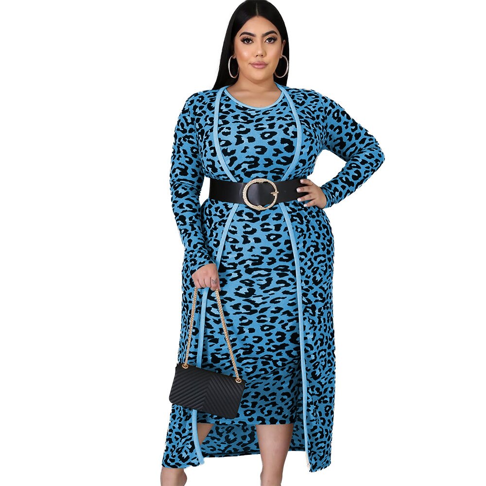Cm.yaya plus size xl -4xl leopardprint dame- og #39 ;s sæt langærmede lange kappe toppe bodycon midikjole todelt matchende sæt outfits: Blå / 4xl