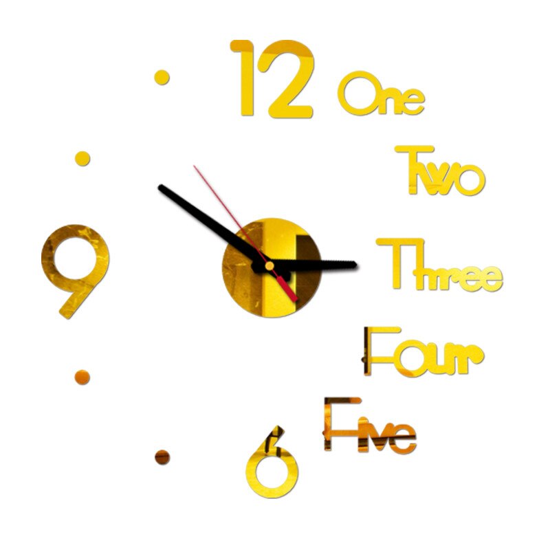 Reloj de pared Digital con números y letras, pegatina de superficie de espejo 3d, silencioso, para decoración del hogar y la oficina, para dormitorio y oficina: Oro
