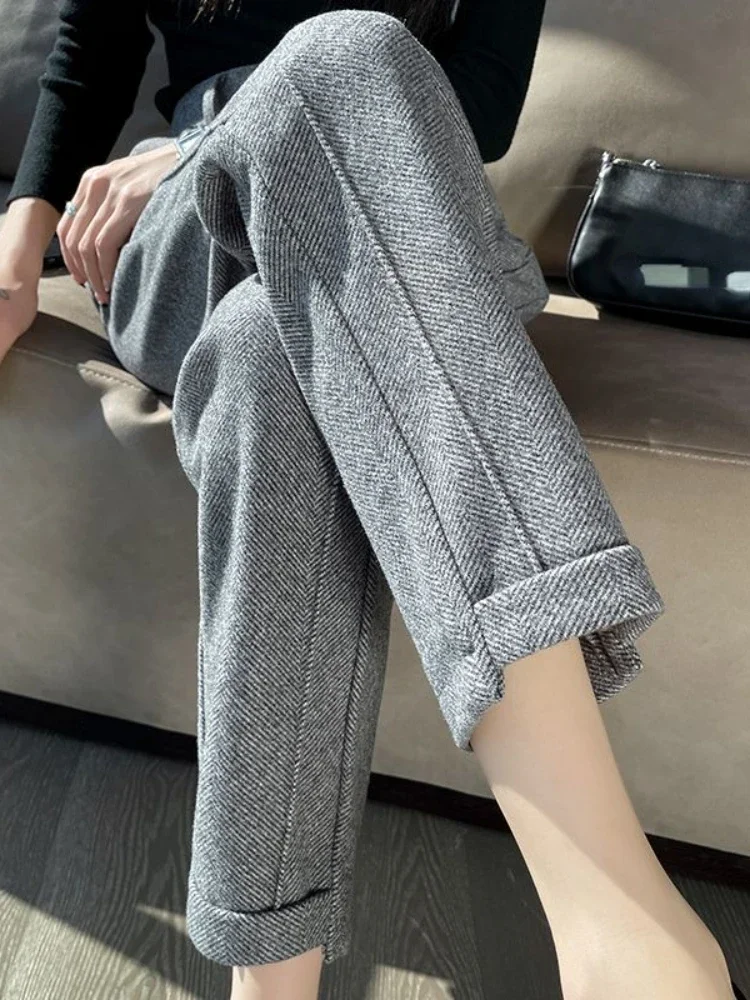 Pantalones rectos de Tweed de cintura alta para mujer, pantalón corto grueso y cálido, holgado, informal, en espiga, otoño/invierno, 2025: XXL / Gris