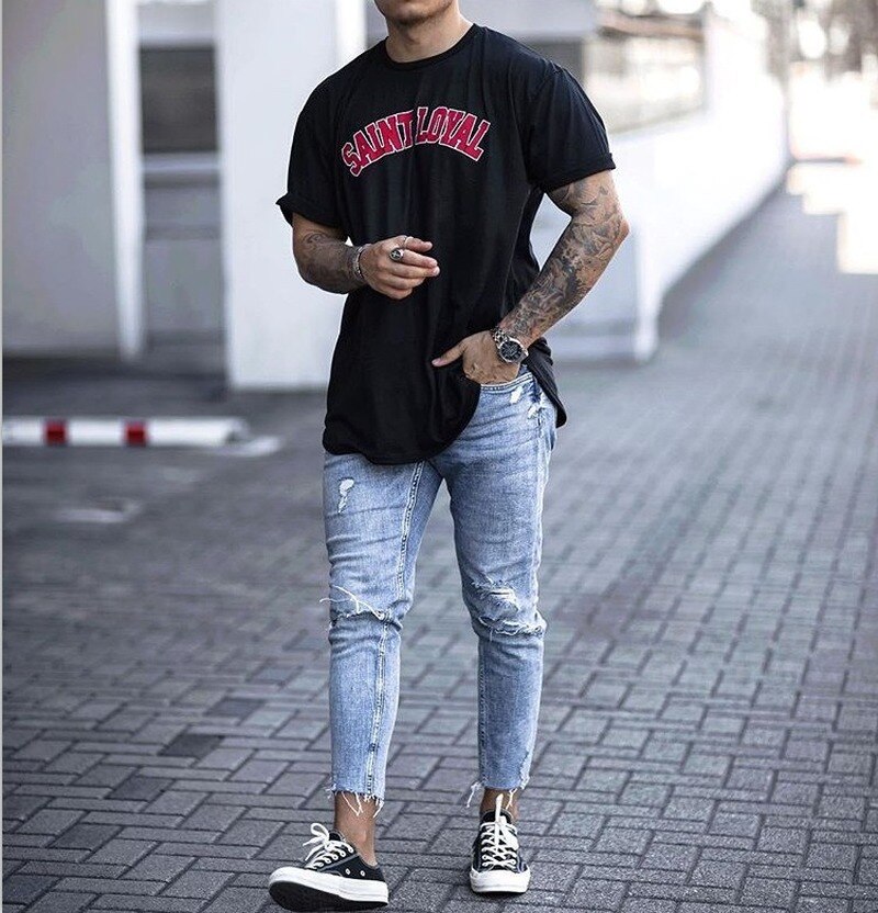 Pantalones vaqueros apretados hasta el tobillo para hombre, Vaqueros rasgados con cremallera, ropa de calle de pitillo con fondo cortado, color azul claro