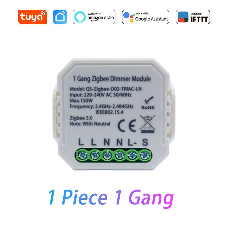 Tuya Zigbee 3.0 Smart Wireless Dimmer Switch Module 1 Gang/2 Gang Remote Control Works With Alexa Google Home Smart Home: 1 Piece 1 Gang