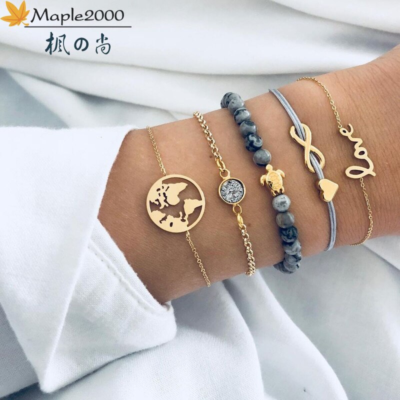 5 pcs conjunto de jóias de moda para namorada presente pulseiras 5 pçs conjunto de pulseira de pulseira de amor conjunto de pulseira de tartaruga para mulher