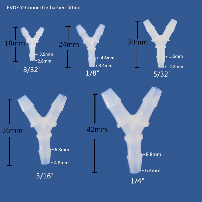 Pvdf taggad y-kontakt y slanganslutning trevägskontakt slanganslutning ozonmotstånd storlek 3/32 " ,1/8 " ,5/32 " ,3/16 " ,1/4 "