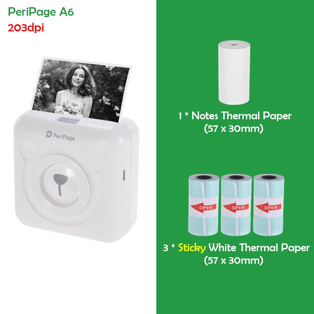 Stampante termica portatile Peripage A6 mini stampante termica tascabile per foto in carta da 203DPI stampante Bluetooth senza fili da 58mm: bianca impostato 1