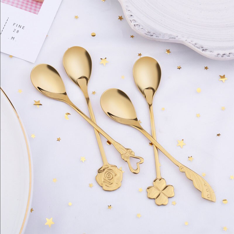 Japanese-style stainless steel coffee spoon dessert series set home kitchen rose four-leaf clover cartoon spoon