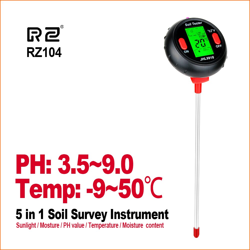 RZ 4 IN 1 Soil Tester Humidity Detector Digital PH Meter Soil Moisture Monitor Hygrometer Gardening Plant Lignt Sunlight Tester: RZ104