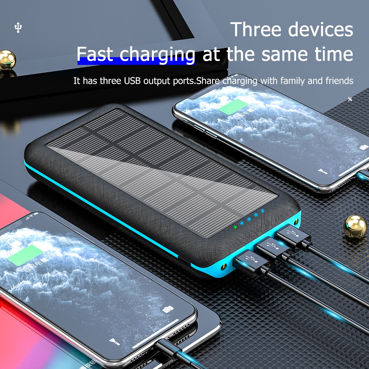 Banca di energia solare Wireless 80000mAh 3 porte usb caricabatterie rapido Qi per Smartphone lampada portatile a doppio foro per banca di potere portatile