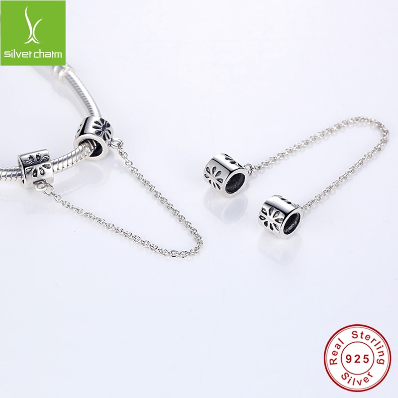 100% 925 Sterling Silver Daisy Safety Chain Charm Fit Original wst Bracelet Pendant Authentic Jewelry Christmas