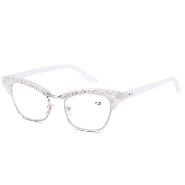 Oulylan diamond dames cat eye leesbril met harslenzen en kristallen decoratie voor dames met presbyopie: +250 / Wit