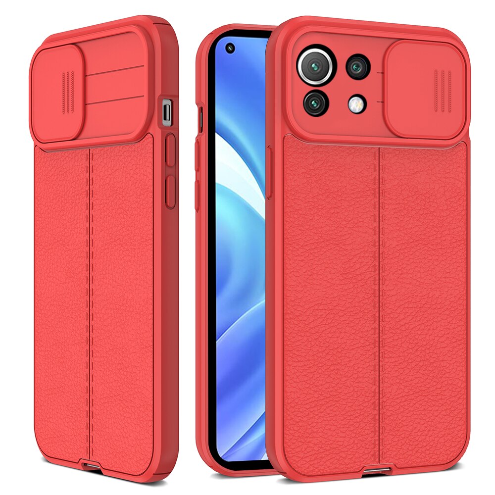 Lychee Pattern PU Leather Back Cover For Xiaomi Mi 11 Lite 5G NE Push Camera Protect Case Xiomi Mi11 Light 11Lite Silicone Cover: For Mi11X 4G / Red-02
