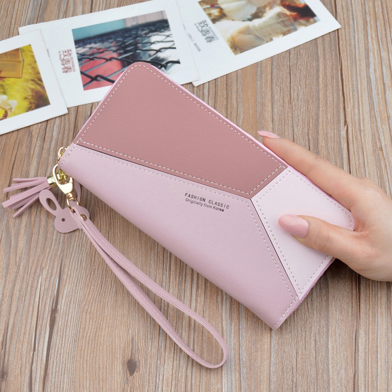 Women Long Wallets Zipper Pink Phone Pocket Purse Card Holder Patchwork Girl Handbags Lady Tassel Short Coin Purse