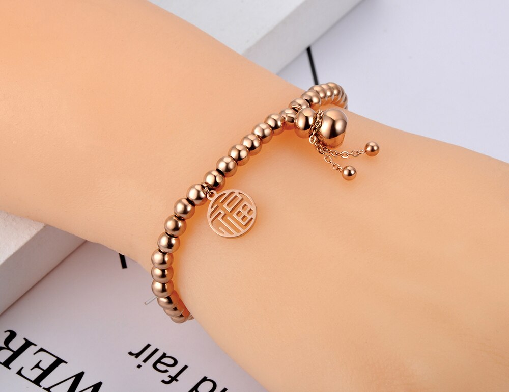 Lokaer Etnische Chinese Stijl Rvs Goede Luck &amp; Kalebas Charme Armbanden Voor Vrouwen Rose Gold Kralen Armband Sieraden B20138