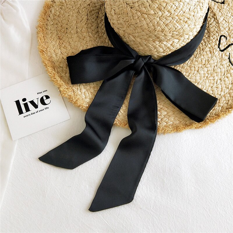 Solid Color Small Neckerchiefs Women Long Ribbon Hairband Satin Silk Scarf Lady Belt Tie Handbag Ribbons Hair Scarves: black