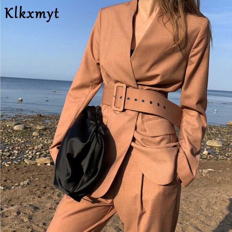 Klkxmyt za pak dames kantoor met riem dame blazer jas en broek 2- delige set vrouwelijke herfst casual pakken outfits