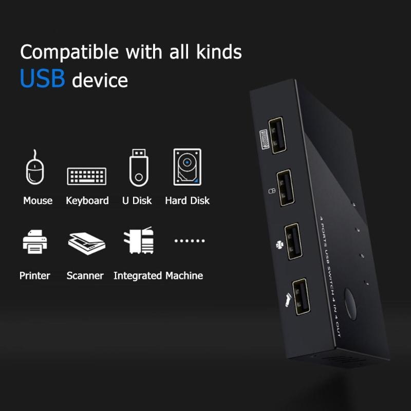 USB KVM Switch Box USB 2.0 Switcher 4 Port PCs Sharing 2 Devices Button Switching for Keyboard Mouse Printer Monitor