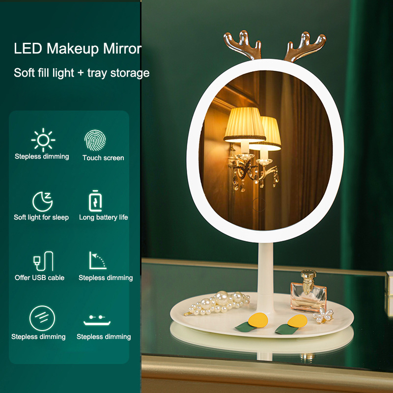 Mirror with light Led Cosmetic Light Makeup Vanity Cabinet Table Mirror Espejos Hand Round Decorative Mirrors Cute espelhos: tray storage 3